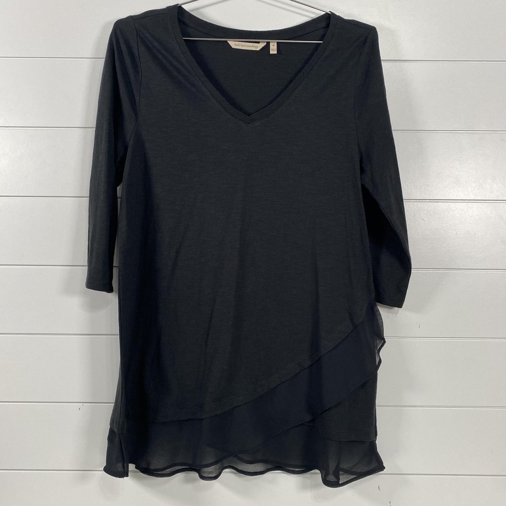 Soft Surroundings Dress Womens Medium Black Layered Chiffon Hem Tunic 3/4 Sleeve